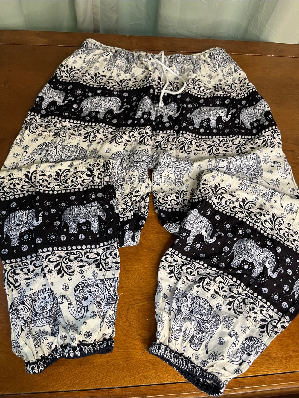 Blue Black & White Elephant Print Harem Pants with Elastic and Tie Waist XL